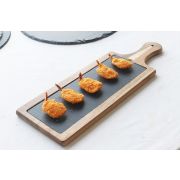 Блюдо для подачи прямоуг. 45*15 см. h=1,5 см. черное, сланец, на дерев. подставке с ручкой MGprof (WB-003) /1/16/