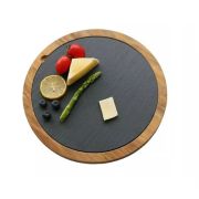 Блюдо для подачи круглое d=30 см. h=1,5 см. черное, сланец, на деревянной подставке MGprof /1/12/